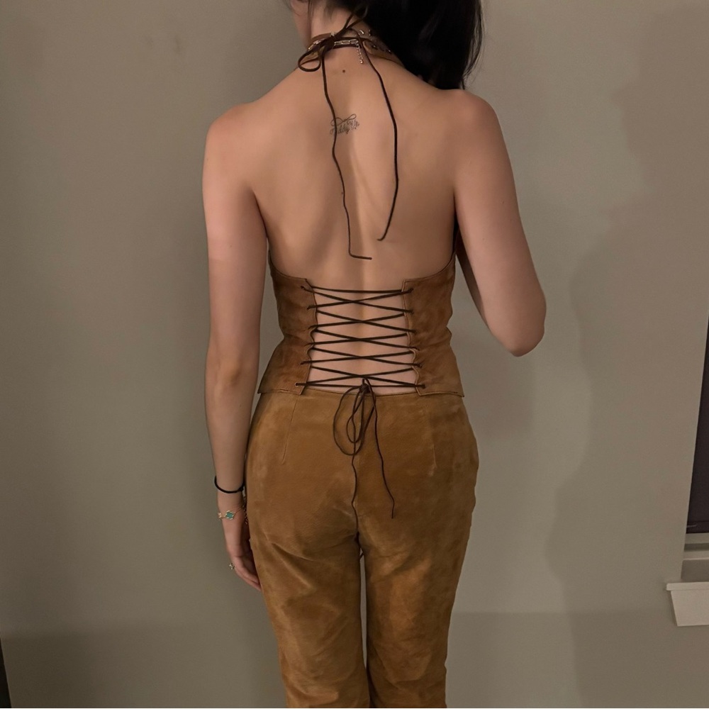 Western Wilsons Leather Tan Suede Boot Cut Pants & Halter Corset Top Set - Picture 8 of 8